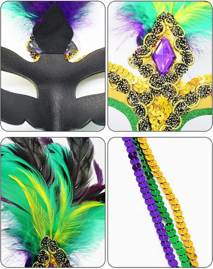 Women Mardi Gras Mask with Feathers Masquerade Mask Venetian Halloween Costumes
