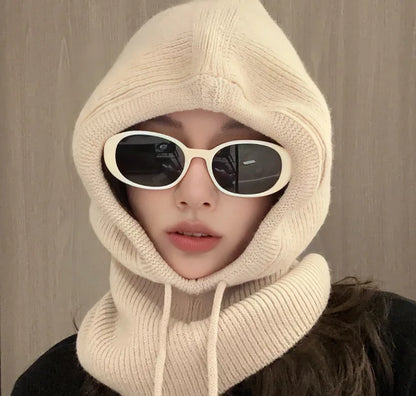 Knitted Hooded Caps Winter Balaclava Hats Women Korean Style Outdoor Warmer Drawstring Hats One-piece Neck Collar Beanies Cap
