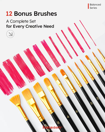 Fantastory Acrylic Paint Set - 24 Colors 2oz Each + 12 Professional Brushes, Ideal for Canvas, Glass, Wood, Ceramics & Models