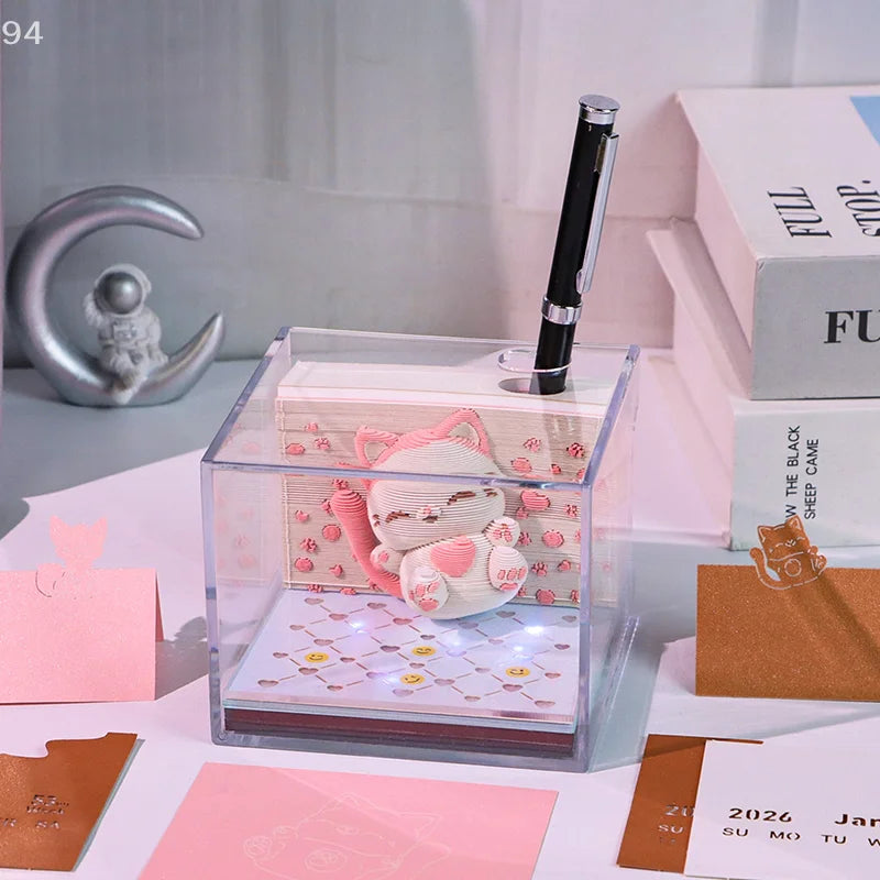 Time Piece Calendar 2026 Desk Calendar With LED Light 3D Tear-away Calendar Paper Carving Art Memo Pad Notepad Gift Christmas