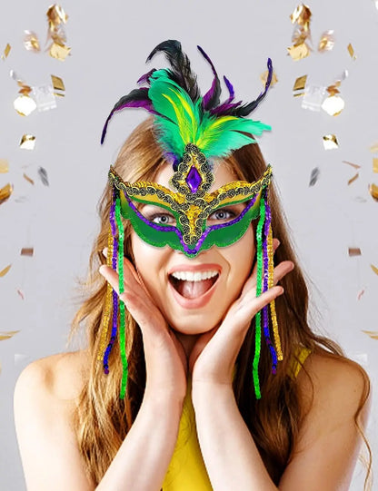 Women Mardi Gras Mask with Feathers Masquerade Mask Venetian Halloween Costumes