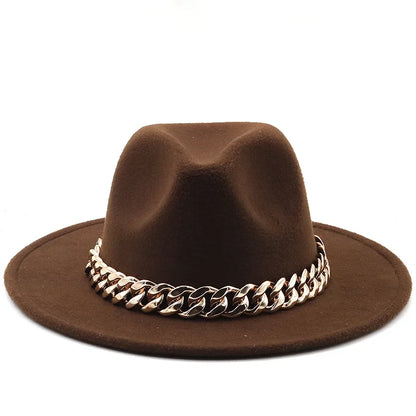 women fedoras golden chain fedora hat women men wide brim solid color jazz top hat autumn winter new Panama hat gentleman hat