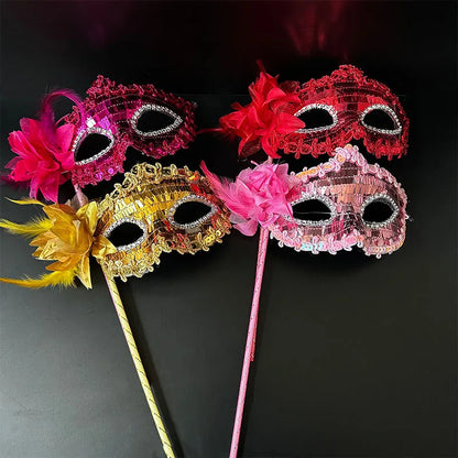 Venetian Princess Handheld Sequin Mask Women Side Flower Feather Face Cover with Holding Stick Mardi Gras Party Masquerade Mask