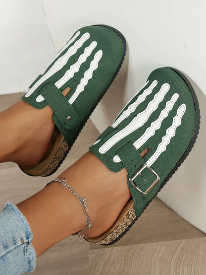 Women's New Half-Slip Halloween Trendy Skeleton Print Slip-On Design Sandals, Closed-Toe Low-Top Buckle Strap Casual Slippers, Suitable for Indoor and Outdoor Wear, Spring, Summer, and Autumn, Unique Street Style Minimalist D