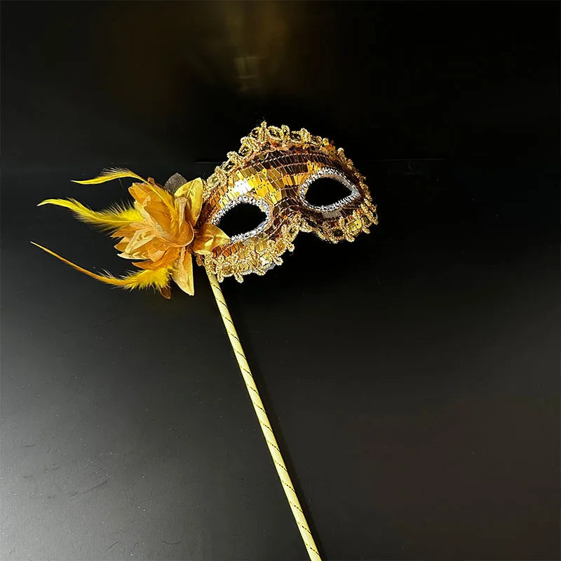 Venetian Princess Handheld Sequin Mask Women Side Flower Feather Face Cover with Holding Stick Mardi Gras Party Masquerade Mask