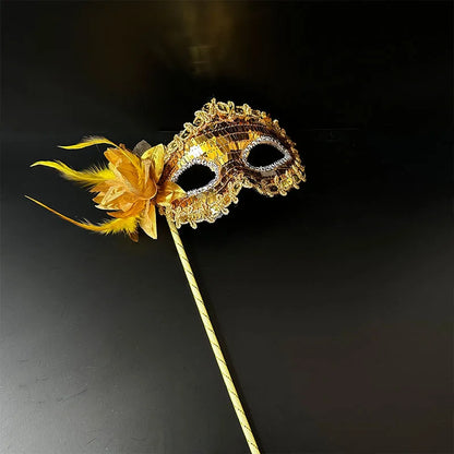 Venetian Princess Handheld Sequin Mask Women Side Flower Feather Face Cover with Holding Stick Mardi Gras Party Masquerade Mask
