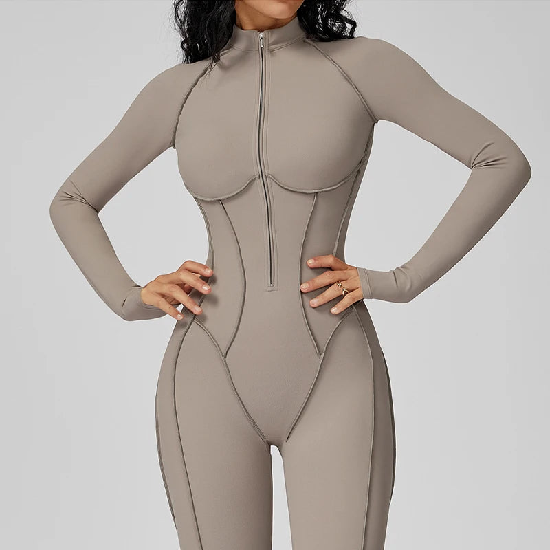 Women's Contrast Collar Half-Zip Bodysuit One-Piece High-Intensity Fitness Sports Jumpsuit Yoga Suit