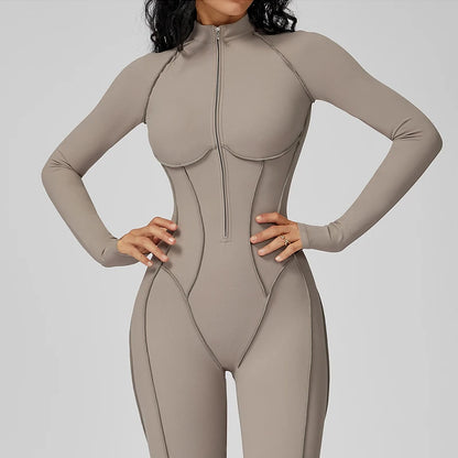 Women's Contrast Collar Half-Zip Bodysuit One-Piece High-Intensity Fitness Sports Jumpsuit Yoga Suit