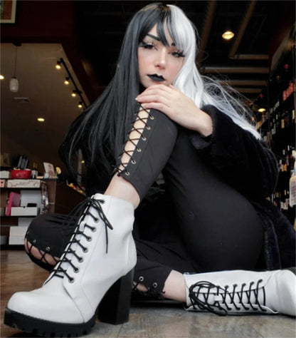 Women Lace Up Pants Chic Punk Skinny Legging Pants Slimming Trousers Gym Hole and Bandge