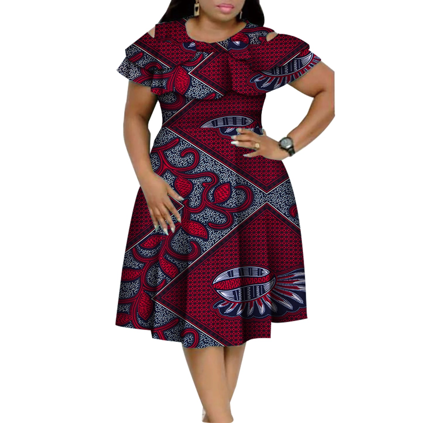 New Bazin Riche African Ruffles Collar Dresses for Women Dashiki Print Pearls Dresses Vestidos Women African Clothing WY4401