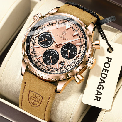 POEDAGAR Original Men's Clock Chronograph Date Waterproof Luminous Luxury Male Wristwatch Fashion Leather Quartz Watches For Man