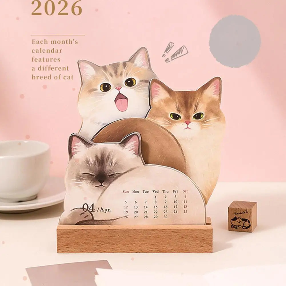 Wooden Base 2026 3D Cat Dog Series Desk Calendar,Multifunctional Desktop Planner Calendar Yearly Agenda Organizer for Home Offic