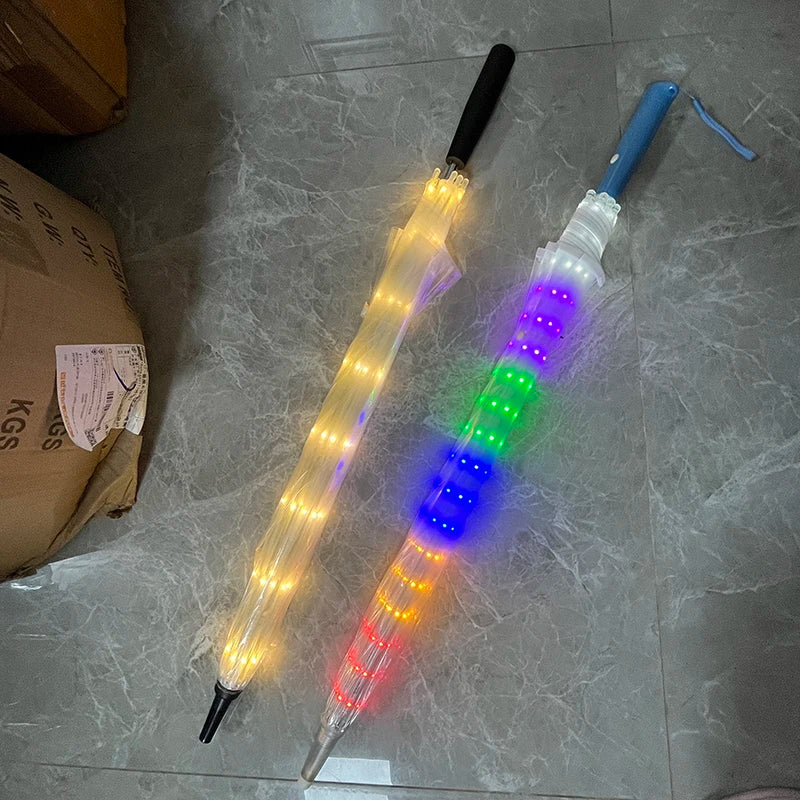 Romantic Gift Colorful Led Light Umbrella With Flashlight Creative Long Handle Transparent Straight Handle Flashlight Umbrella