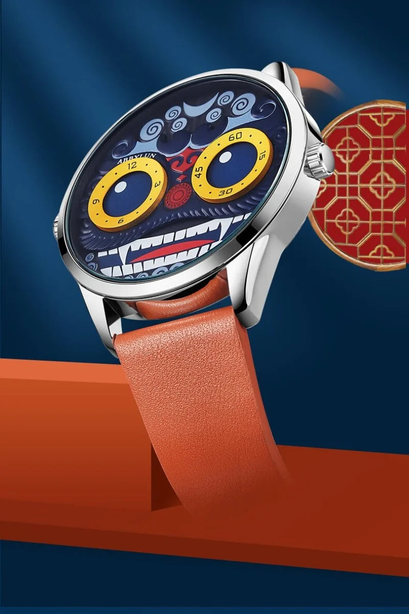 ABBYLUN 1363 Men's Quartz Watch Gold Clown Lion Creative Personalized Design Dial Leather Strap Cool Men's Watch montre homme