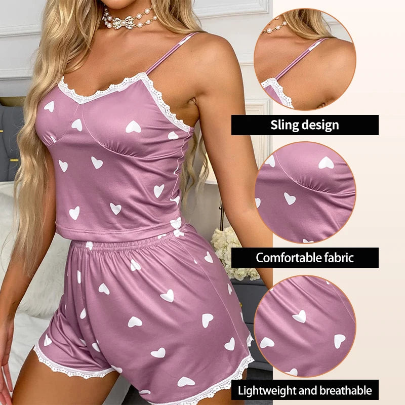 Women's Two-Piece V-Neck Suspender Lace Lace Printed Top and Shorts Women's Casual Printed Pajama Set