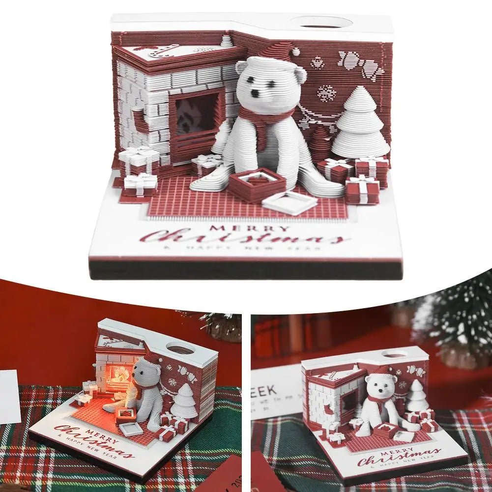 Christmas 3D Paper Carving Art Notes Desk Calendar With LED Light Tear-away Calendar Paper Carving Art Memo Pad  Xmas Gift