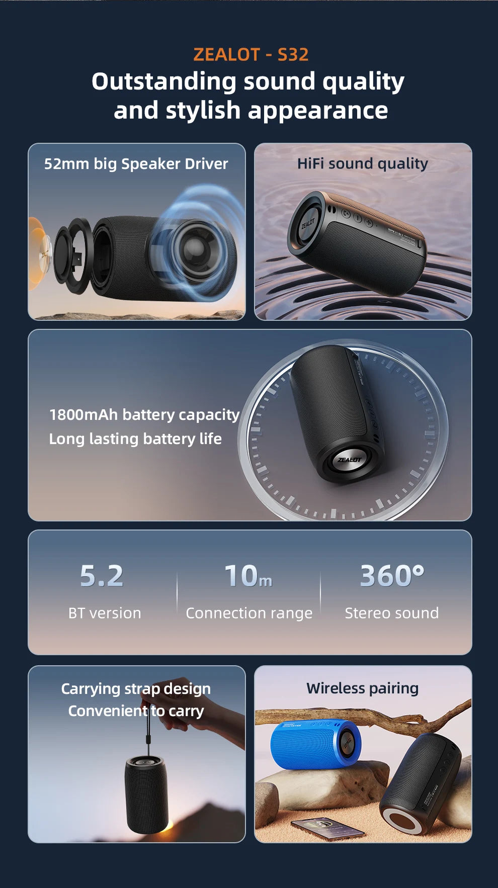 ZEALOT-S32 Portable Bluetooth Speaker Subwoofer - Waterproof Stereo Outdoor Boom Box with TF Card & AUX Support