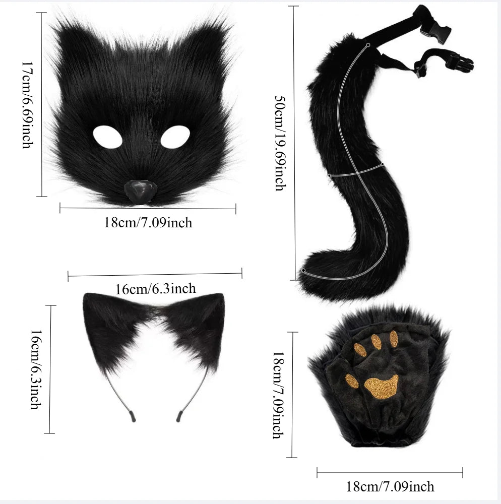 4-piece fur fox costume accessory set - including mask, gloves, headband, tail, with realistic fur and claws, perfect for Hallow