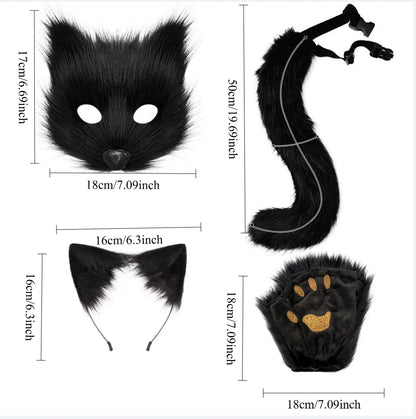 4-piece fur fox costume accessory set - including mask, gloves, headband, tail, with realistic fur and claws, perfect for Hallow