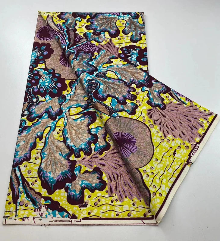 100%Certified Grand Super African Wax Nigerian GlitterGlam Gold Embellished Ankara Wax Printed Fabric Real Original For Sewing