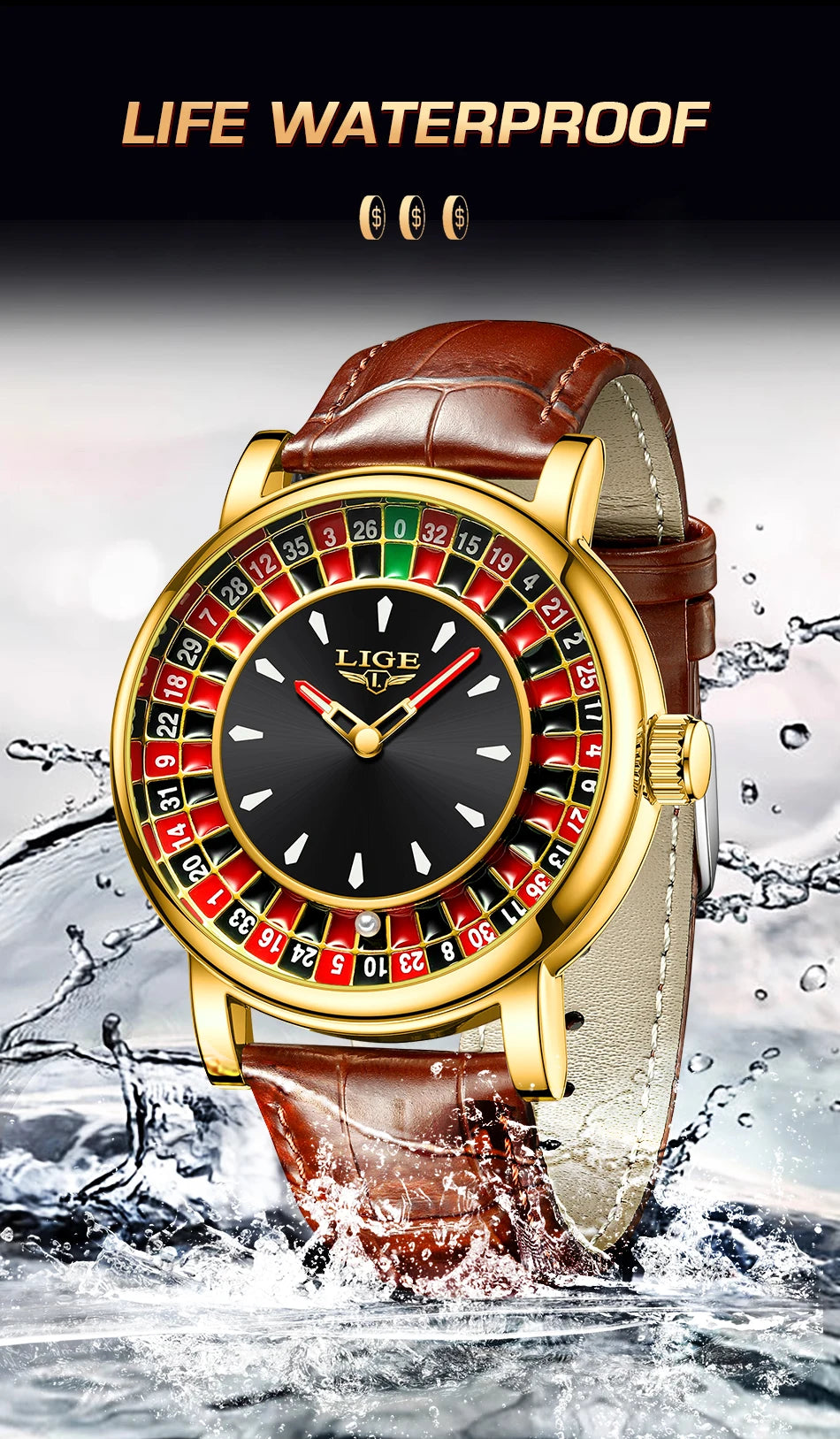 LIGE Creative Golden Mens Watches Roulette Game Dial Fashion Man Watch Waterproof Luminous Quartz Wristwatches Rolling Ball+Box