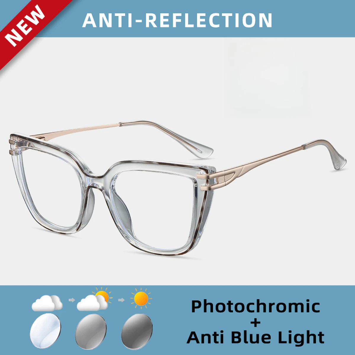 EYORA Currents Square Women Anti-Reflective Reading Glasses Anti Blue Light Myopia Eyewear Photochromic Prescription Eyewear