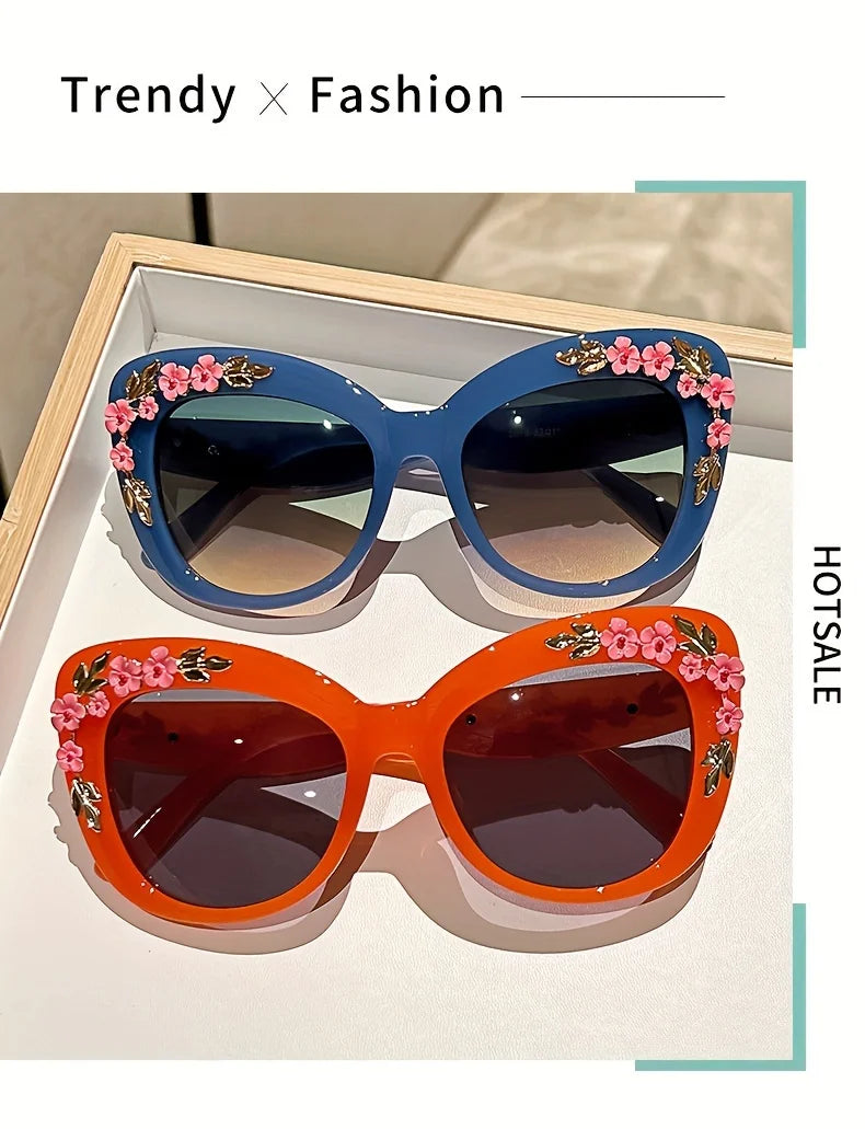 1pc Elegant Cat Eye Glasses for Women, Floral Camellia Design, Anti-Reflective PC Lens, Plastic Frame, Fashionable Beach Eyewear