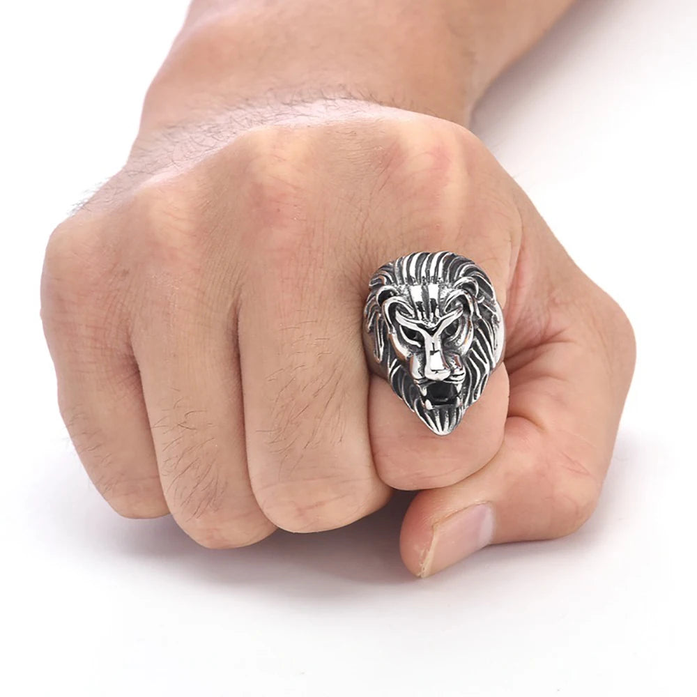 Retro Detailed Stainless Steel 3D Lion Head Rings For Men Punk Gothic Rock Animal Ring Domineering Biker Jewelry Accessories