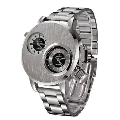 Luxury Men's Watches Punk Style Quartz Watch Dual Dial Business Men Wristwatch Stainless Steel Strap Waterproof Military Watch