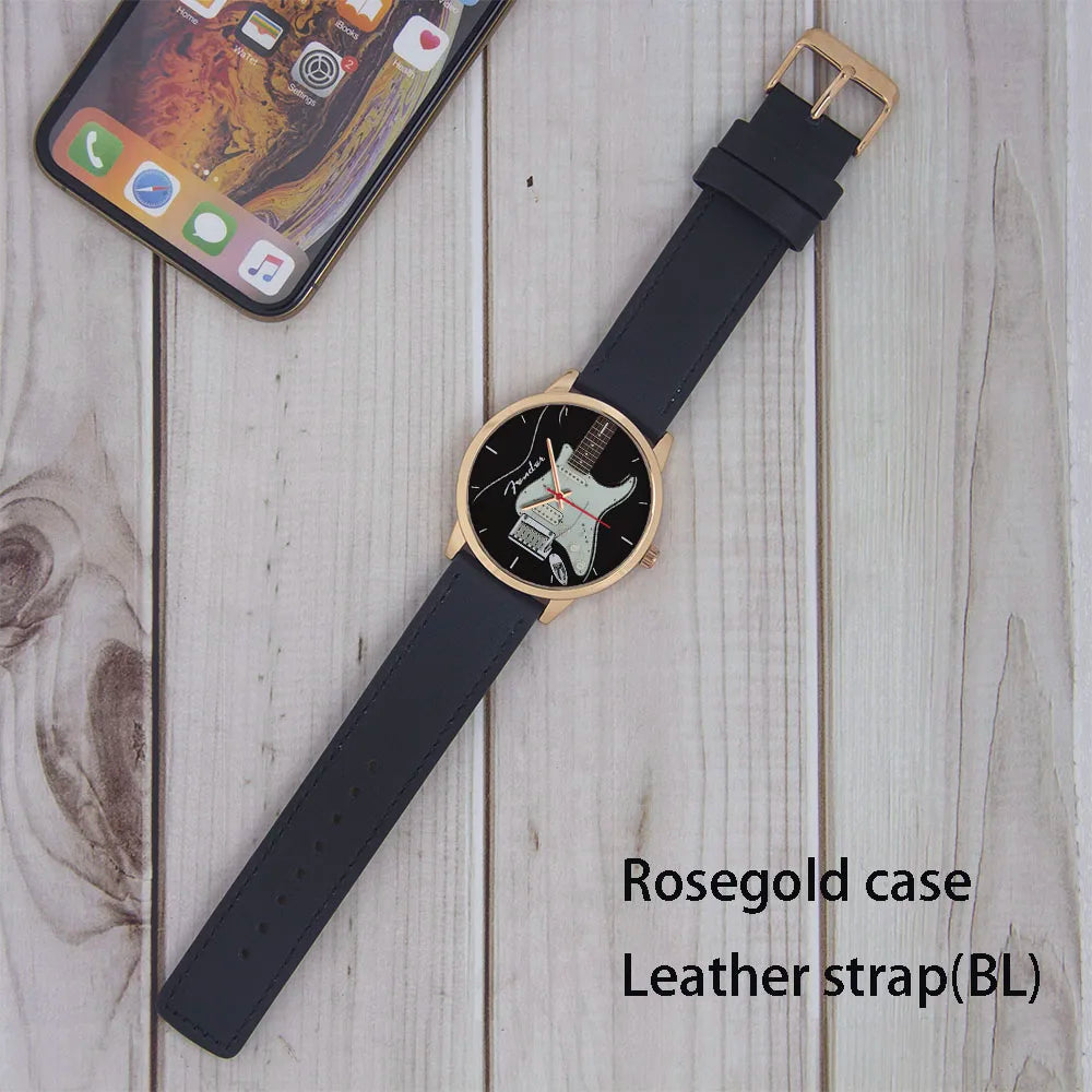 Guitar Bass Pattern Universal for Men Women Souvenir Composer Rose Gold Man Watch Silver Watches Black Bracelet Gift Clock