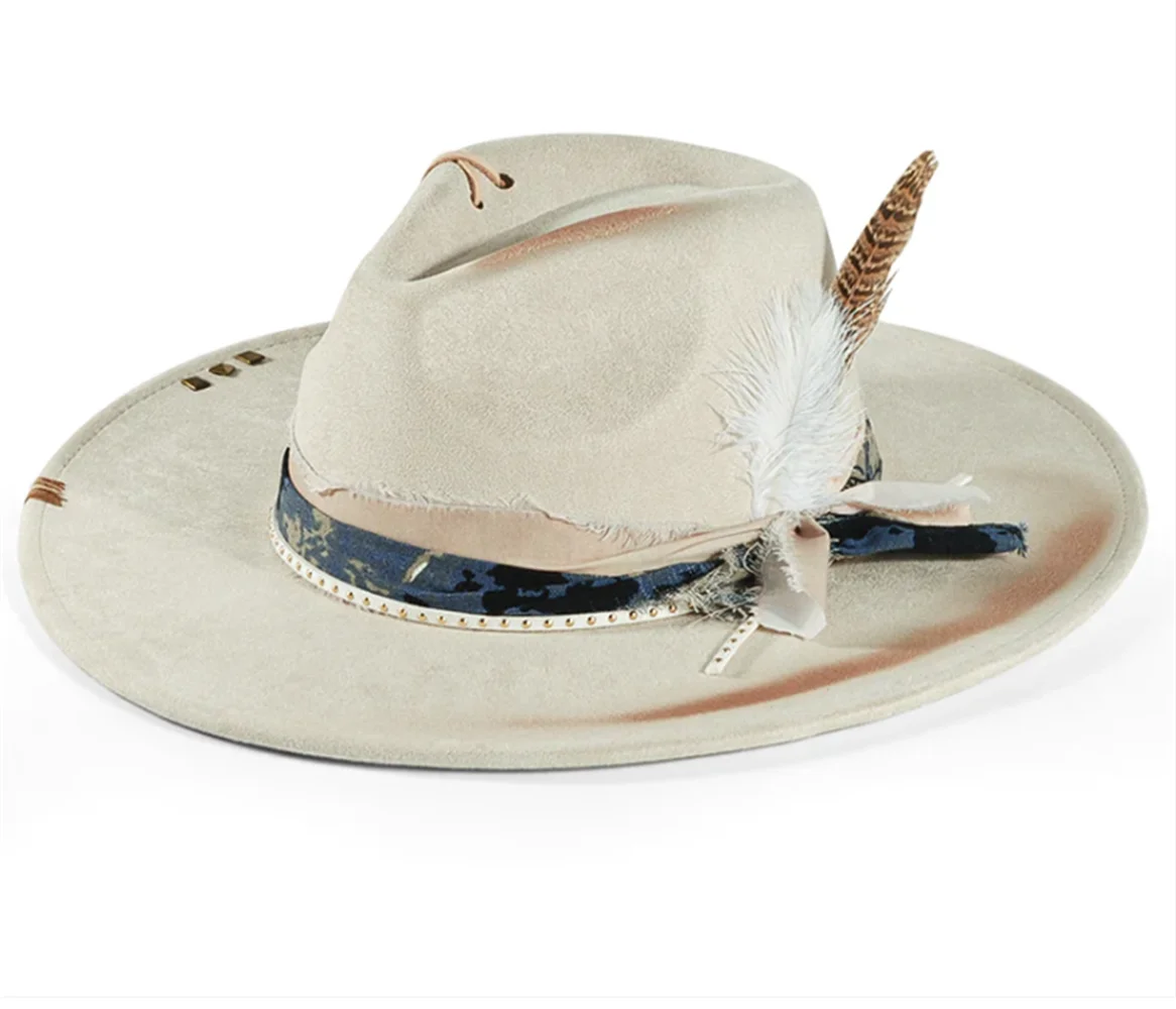 Handmade Fedora Hat suede Men's and Women's Hat feather vintage Fashion Jazz hat Top hats flat Panama sombrero mujer British hat