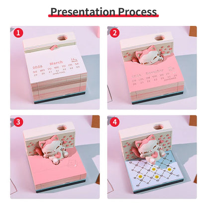 Time Piece Calendar 2026 Desk Calendar With LED Light 3D Tear-away Calendar Paper Carving Art Memo Pad Notepad Gift Christmas