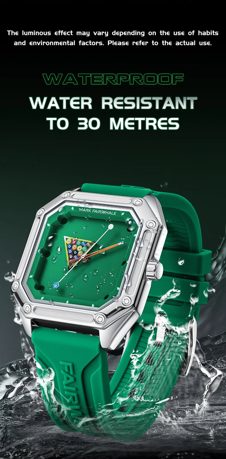 Mark Fairwhale 5047 Men Quartz Watch Square Case Luminous Billiards Dial Wristwatch Rubber Strap Watches for Men
