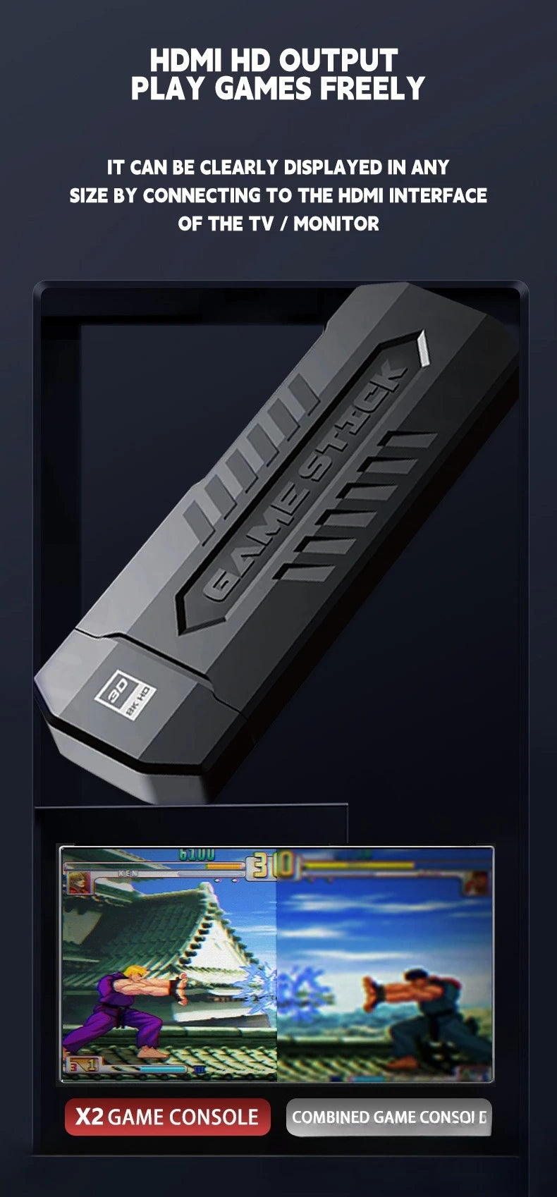 X2 Retro Game Stick 4K Video Game Console 40000+ Games,30+ Emulators,HD Output 2 Wireless Controllers,Plug and Play,TV/Computer