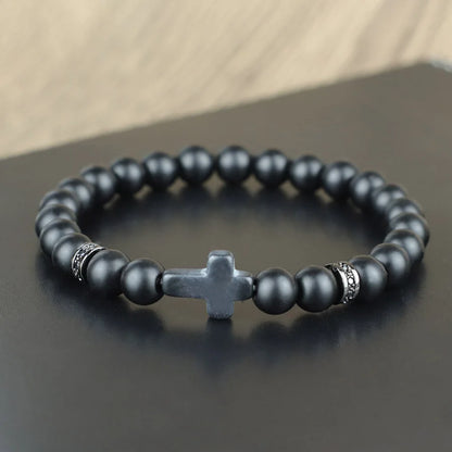 Men Crucifix Beaded Bracelet Onyx White Howlite Healing Braclet Charms Natural Stone Prayer Wristbands Stretch Religious Jewelry