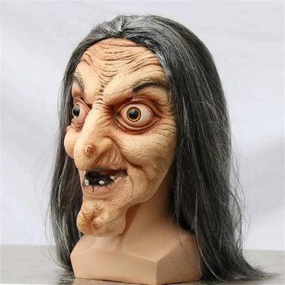 Halloween Horror Long Hair Witch Head Cover Old Man Mask Party Cosplay Haunted House Scary Props Adult Full Face Latex Headdress