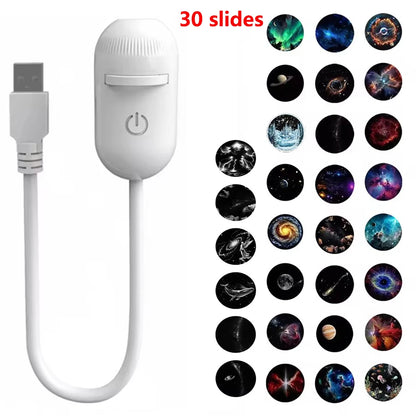 30 Projection Slides 2-in-1 Mini USB Galaxy Star Projector Night Light – Starry Sky Ambient Lamp for Bedroom Sleep & Decoration