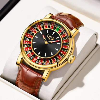 LIGE Creative Golden Mens Watches Roulette Game Dial Fashion Man Watch Waterproof Luminous Quartz Wristwatches Rolling Ball+Box