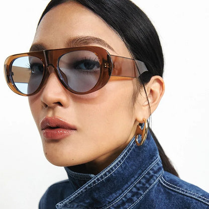 Vintage Big Frame Ellipse Women Square Sunglasses Brand Black Round Cool Men Sunglasses One Piece Designer Pilot Sun Glasses
