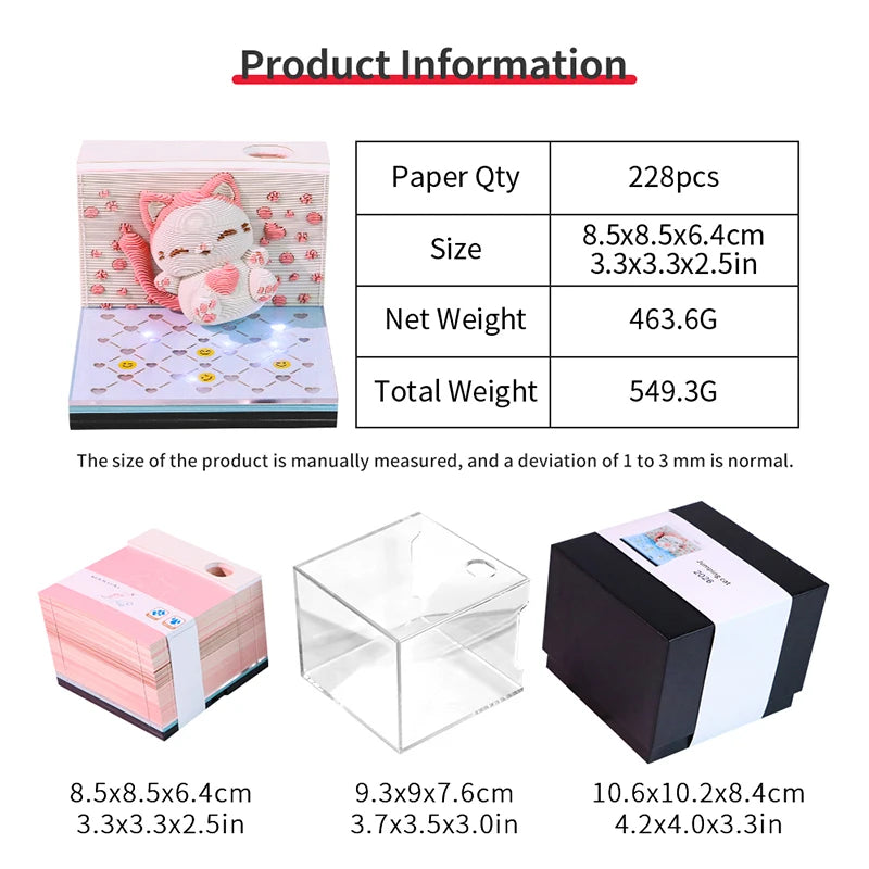 Time Piece Calendar 2026 Desk Calendar With LED Light 3D Tear-away Calendar Paper Carving Art Memo Pad Notepad Gift Christmas