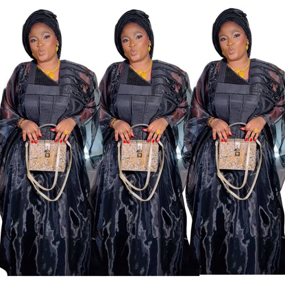 African Attire For Women Black Abaya Embroidery Plus Size Elegant Party Church Dress With Scarf