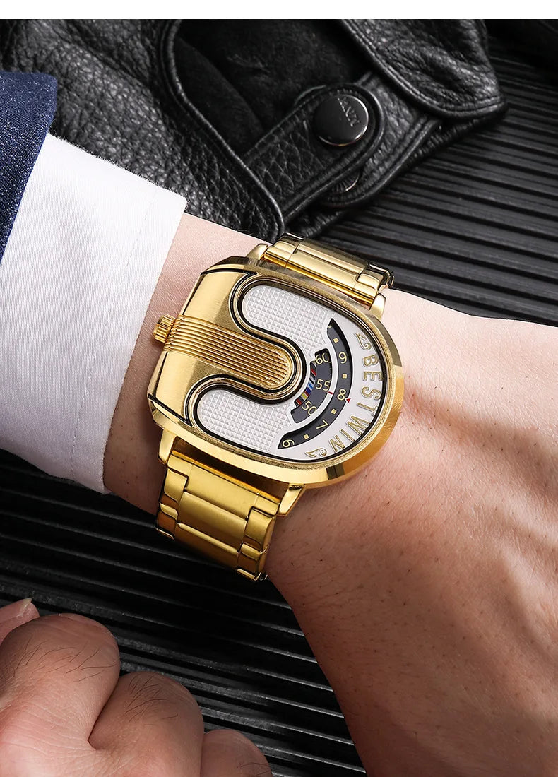 Gold Top Brand Luxury Men Watches Unique Design Stainless Steel Band Golden Dropship relogio masculino High Quality Male