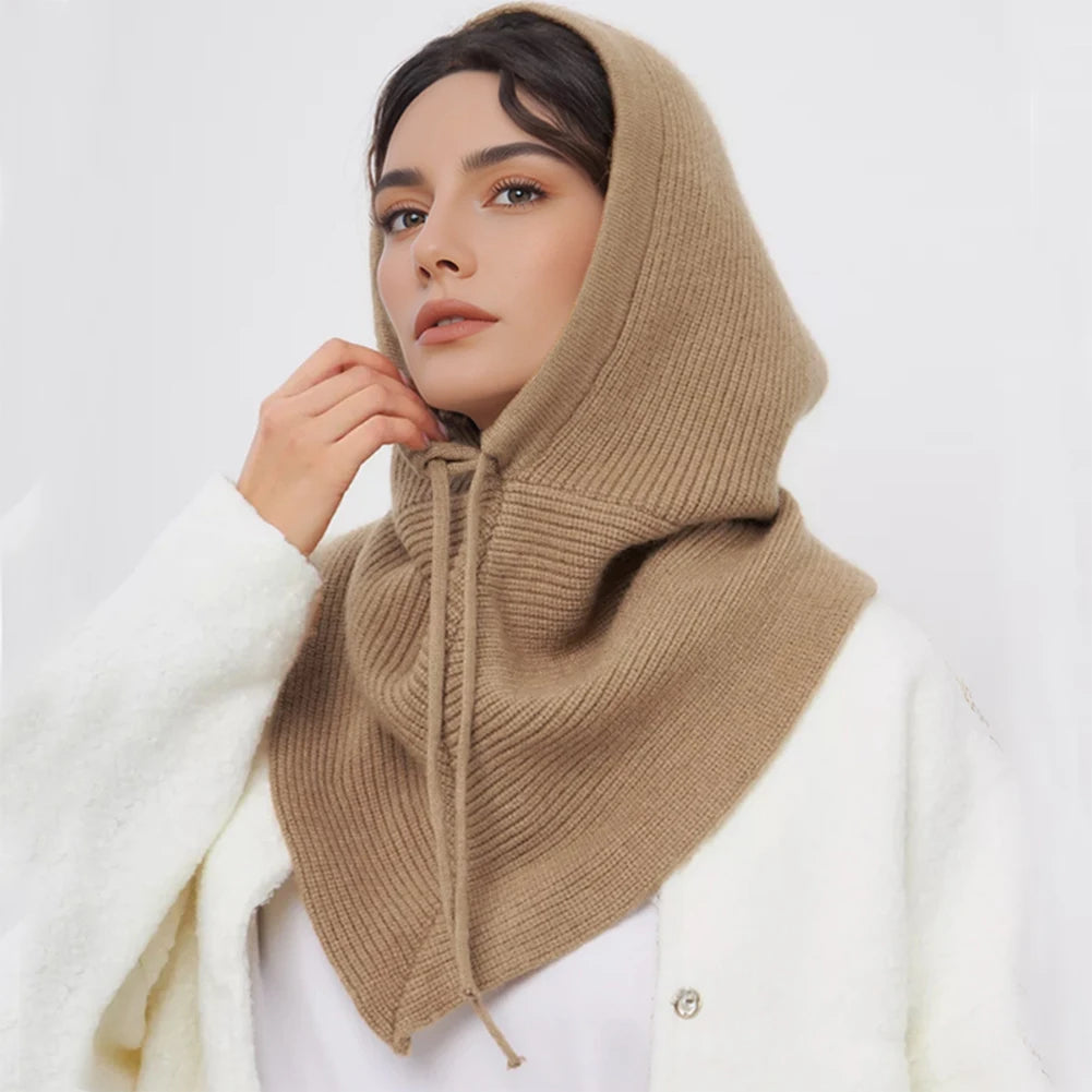Winter Balaclava Hat Scarf for Women Warm Knitted Hooded Caps Outdoor Warm One-Piece Neck Collar Beanies Hats for Girls