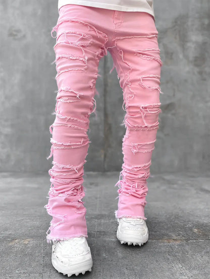 New Men's Fashion Jeans Work Pants, European and American Fashion Workwear Elastic Patchwork Denim Layered Flared Pants S-XXL