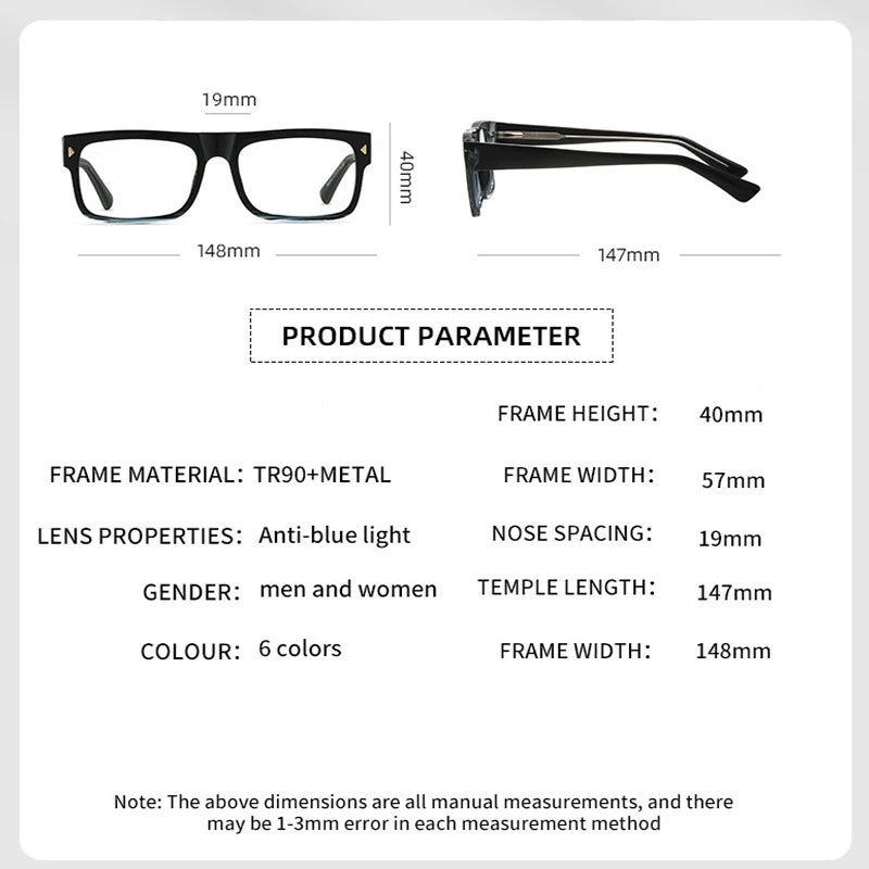 Fashion Men Prescription Myopia Glasses Luxury Brand Black Square Blue Light Blocking Eyewear Male Glasses For Vision 0 To -6.0