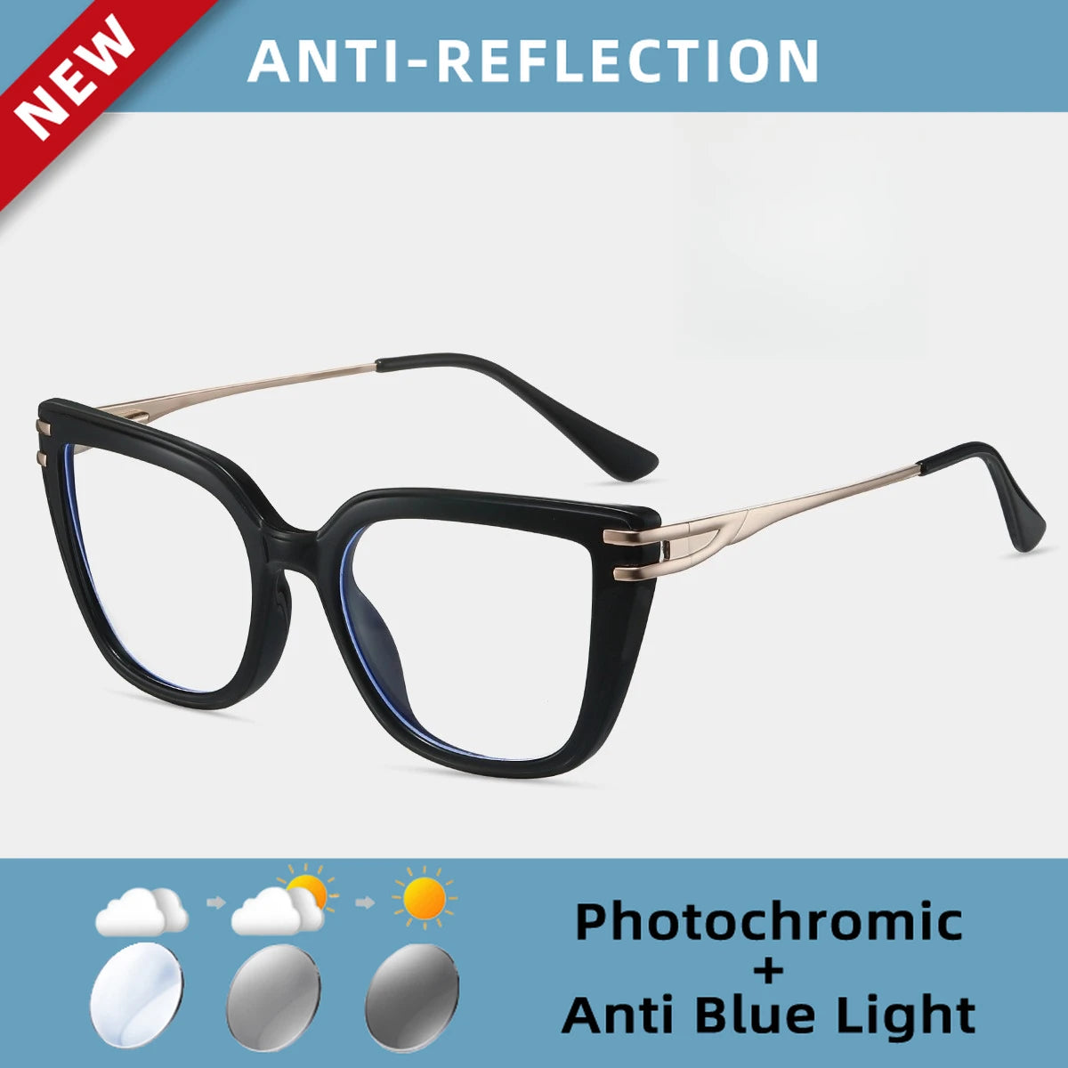 EYORA Currents Square Women Anti-Reflective Reading Glasses Anti Blue Light Myopia Eyewear Photochromic Prescription Eyewear