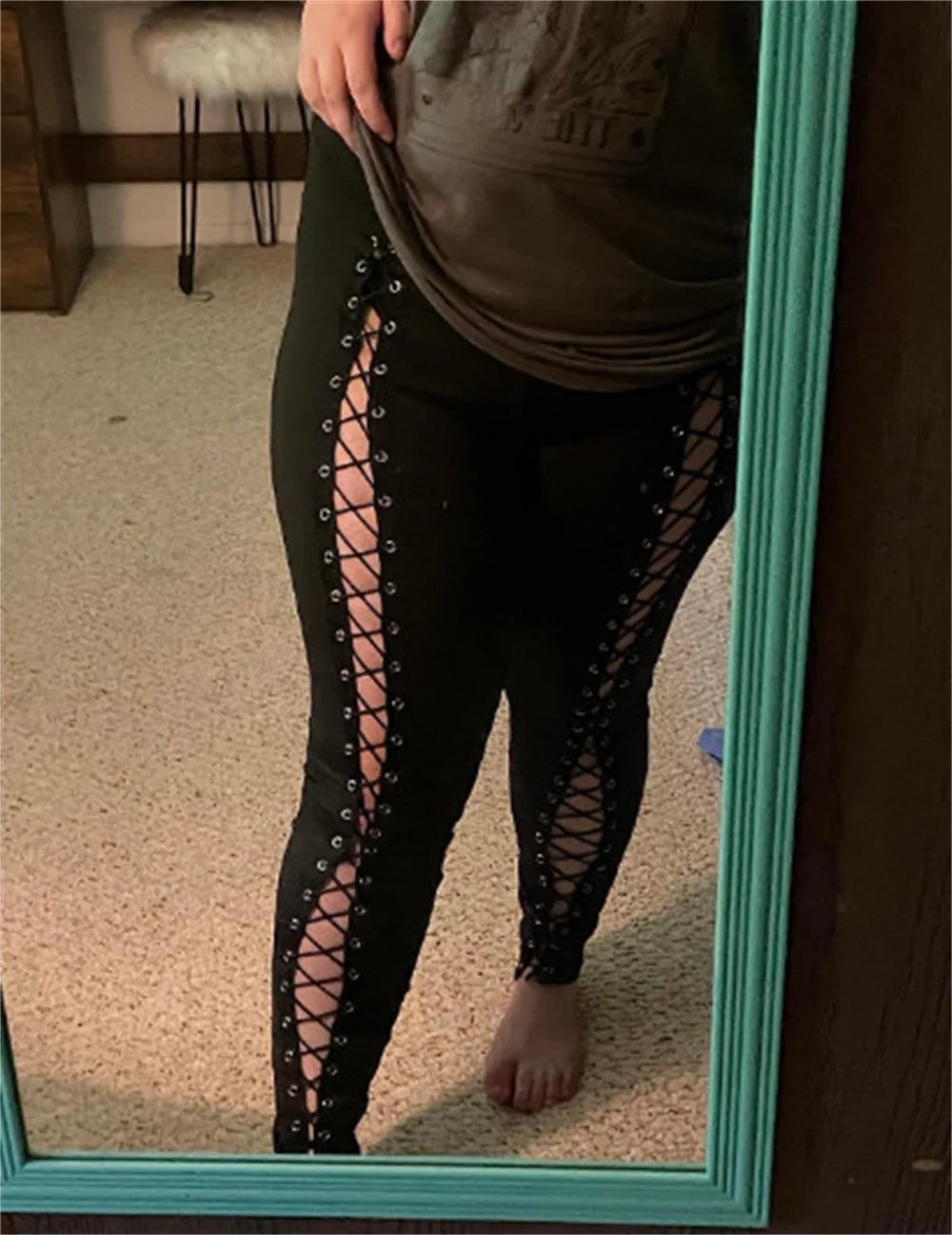 Women Lace Up Pants Chic Punk Skinny Legging Pants Slimming Trousers Gym Hole and Bandge