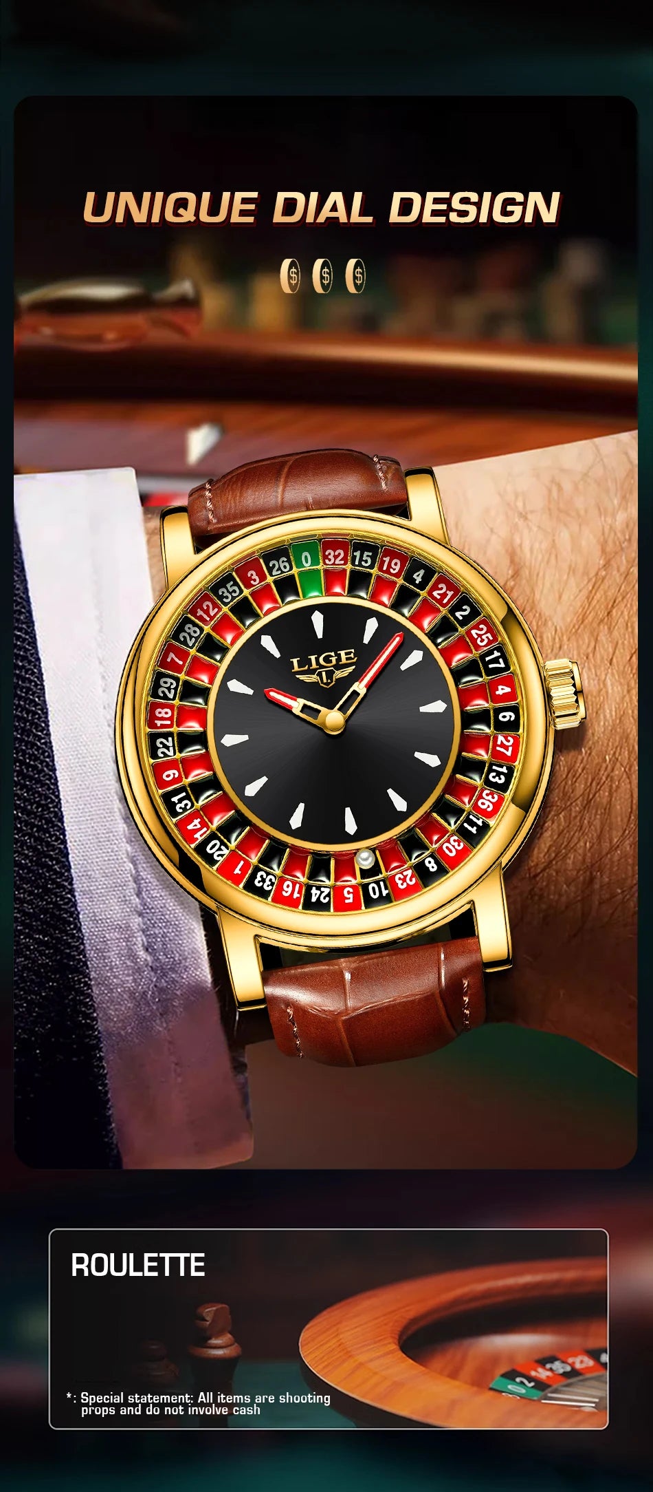 LIGE Creative Golden Mens Watches Roulette Game Dial Fashion Man Watch Waterproof Luminous Quartz Wristwatches Rolling Ball+Box