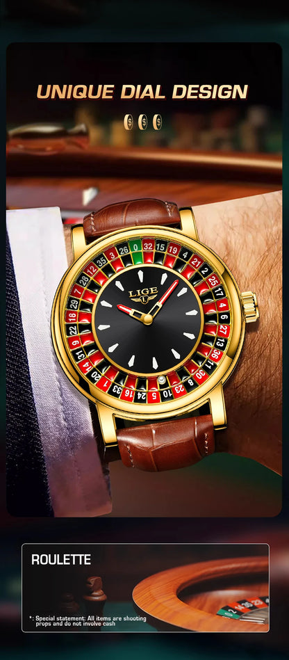 LIGE Creative Golden Mens Watches Roulette Game Dial Fashion Man Watch Waterproof Luminous Quartz Wristwatches Rolling Ball+Box