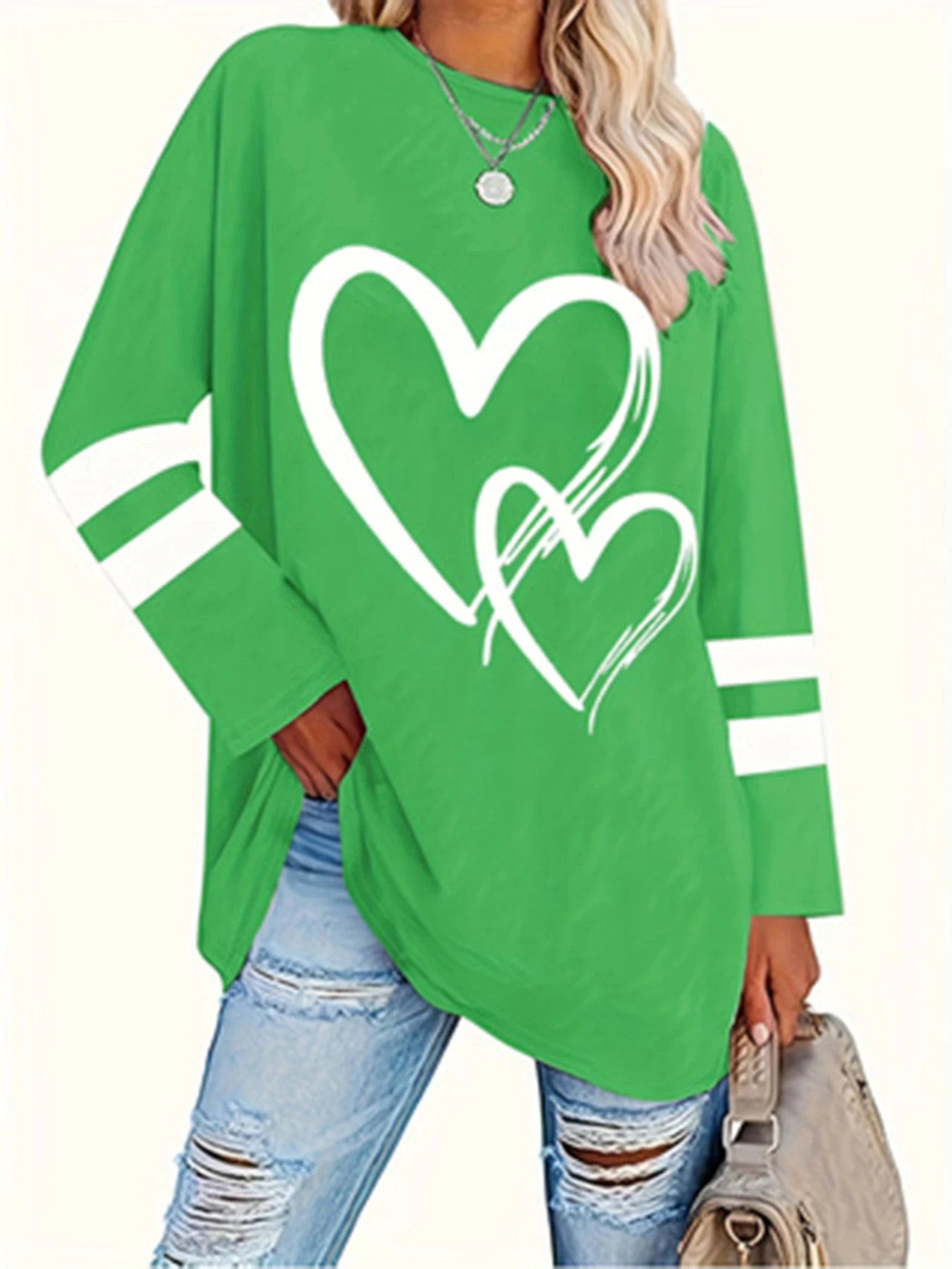 Plus Size eyelet hollow solid  heart-shaped printed long-sleeved top autumn and winter women's casual T-shirt with light stretch